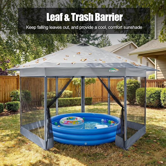 COBIZI 14x14 Pop Up Gazebo Tent with Mosquito Netting, Gazebos on Clearance, Hexagonal Outdoor Canopy Shelter, Patented Center Lock 6-Sided Portable Gazebos, Pop Up Canopy Tent for Backyard, White