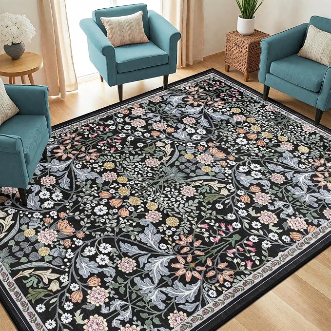 PLHXFR Area Rug Living Room: 5x7 Floral Washable Boho Carpet Dark Black | For Bedroom Dining Room Farmhouse Nursery Hallway,Vintage Floral,Machine washable,Non Slip,Stain Resistant,Large Indoor