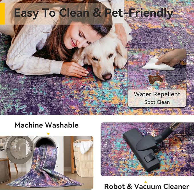 RELEANY Washable Square 8'x8' Area Rug for Living Room Purple Multi | Carpet for Bedroom, Kitchen, Office, Hallway and Entryway, Printed Pattern, Non‑Slip, Soft, Stain‑Resistant, Easy to Clean