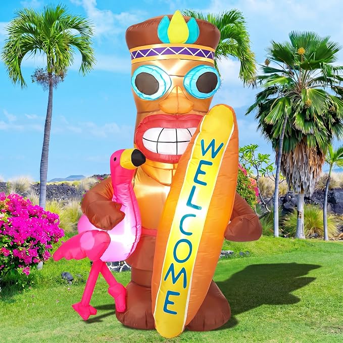 Shappy 5 FT Inflatable Tiki Flamingo Outdoor Decoration with LED Lights | Hawaiian Luau Party Decor, Tropical Tiki Totem Blow Up for Summer Beach Party, Outdoor Yard Lawn Garden Decoration