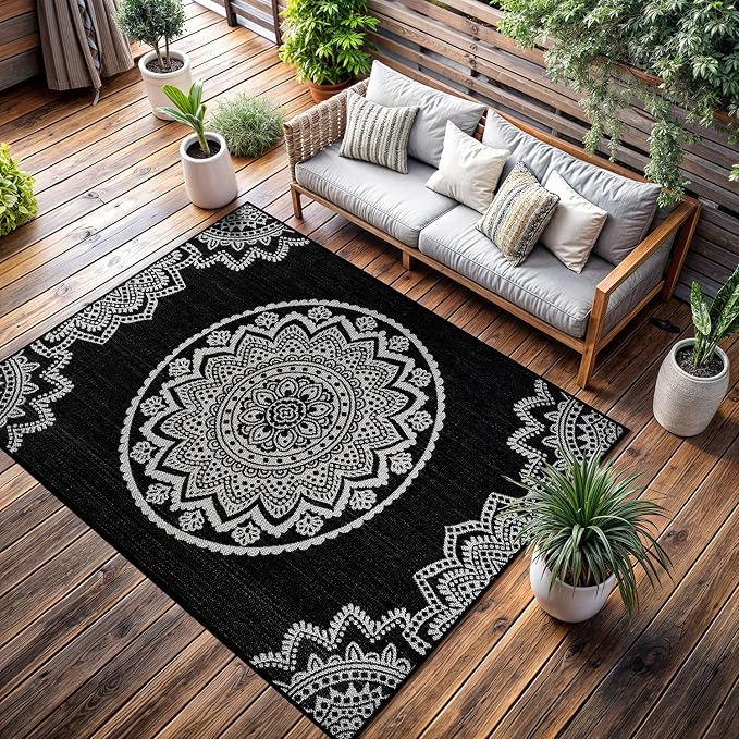 CAMILSON Outdoor Rug 6x9 Modern Area Rugs for Indoor and Outdoor Patios and Porches - Waterproof Washable Non-Shedding Easy-to-Clean Outside Carpet (6 x 9 Medallion - Black/White)