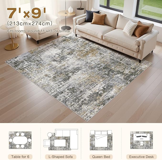 kakania Abstract 7x9 Area Rugs for Living Room: Washable Rugs Black Gold | Soft, Non-Slip, Low-Pile, Pet & Kid Friendly - Modern Home Decor Carpet for Bedroom/Dining Room/Office/Nursery
