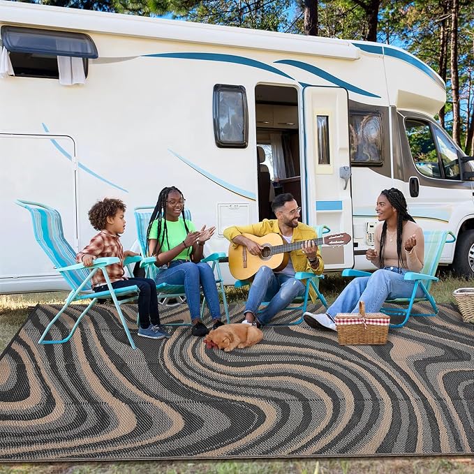 Garvee 8x10 Outdoor Rug, Waterproof Camping Rugs for Outside Your RV, Abstract Plastic Straw Rug with Portable Bag, Reversible UV Resistant Mats for Picnic Backyard Porch Camper, Black Coffee