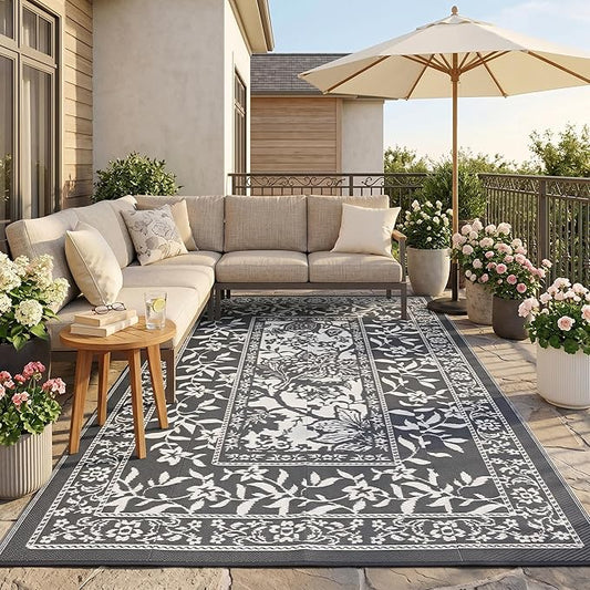 Garvee Outdoor Rug 5x8, Waterproof Reversible Foldable Plastic Straw Rug, Botanical cottagecore Outdoor Rugs Patio Camping RV Carpet for Deck Camper Porch Balcony Backyard Picnic Beach Grey