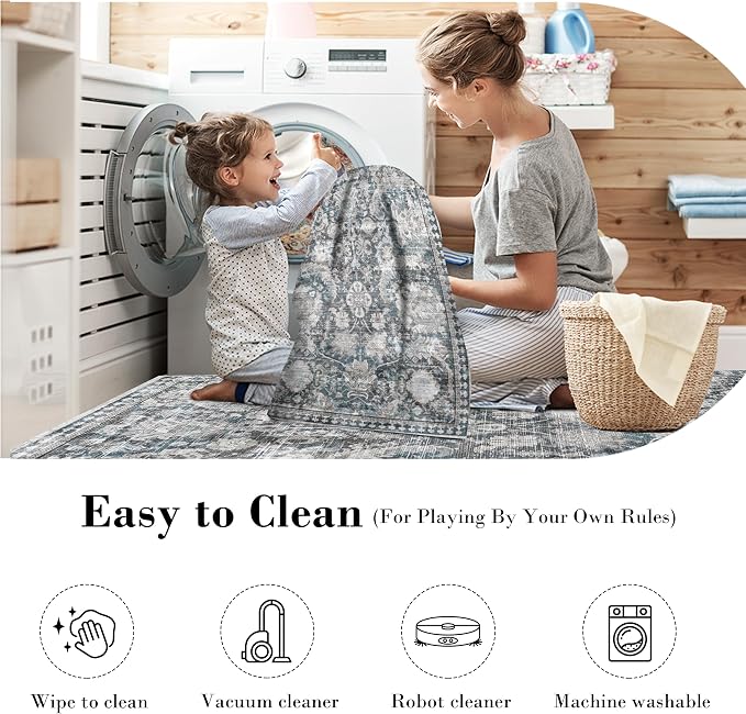 Washable Area Rugs - Perfect for Living Room, Bedroom, Kids Room, Nursery - Stain & Water Resistant Non-Slip, Pet & Child Friendly, Vintage Tribal Area Rugs (Grey and Bule, 2'6'' x 8')