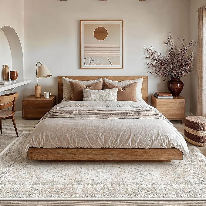 5x8 Washable Area Rug Beige Grey Non Slip Vintage Carpet | Low Pile, Stain Resistant, Living Room, Kitchen, Bedroom, Nursery, Office, Dining Room, Soft, Thin, Lightweight