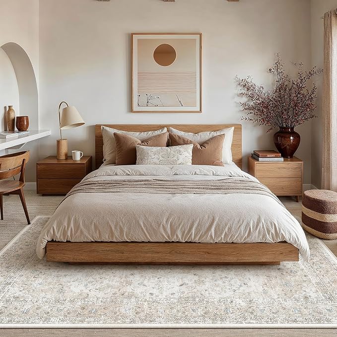 9x12 Washable Area Rug Beige Grey Non Slip Vintage Carpet | Low Pile, Stain Resistant, Living Room, Bedroom, Office, Playroom, Dining Room, Soft, Large, Lightweight