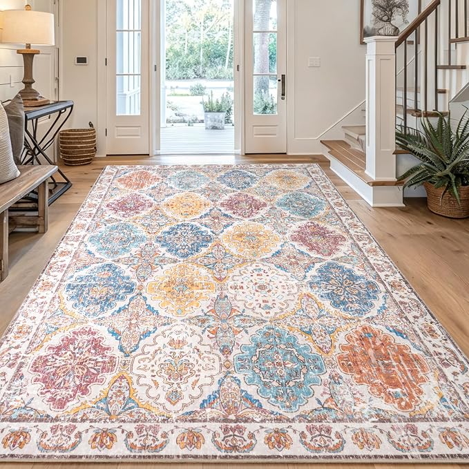 Moroccan Boho Floral Geometric Patchwork Washable 6x9 Large Area Rug | Vintage Distressed Non Slip Throw Carpet for Bedroom Livingroom Kitchen Hallway Entryway Office Dining Room Docer, Colorful