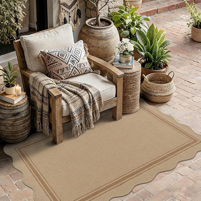 Easy Jute 3x5 Outdoor Rug Washable Non Slip Rug for Entryway Indoor Outdoor Farmhouse Neutral Scalloped Carpet for Backyard Patio Proch Living Room
