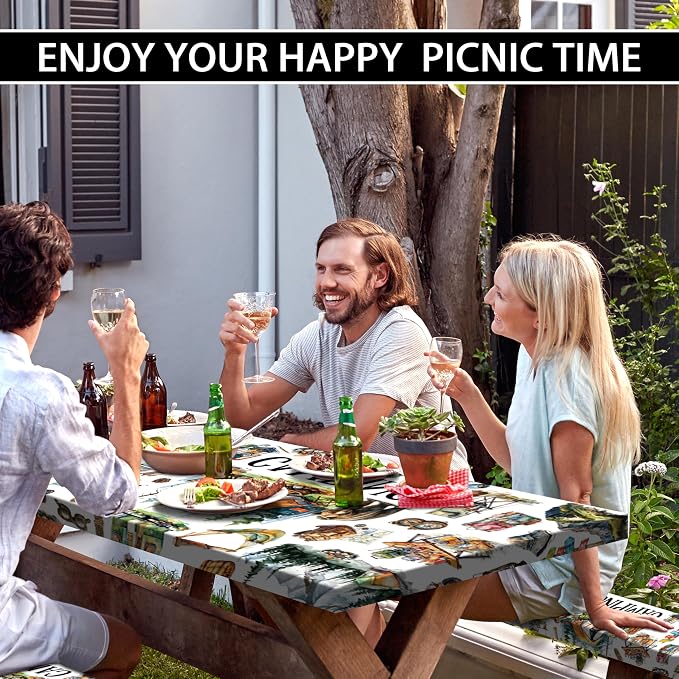 Picnic Table Cover with Bench Covers 6FT Camping Essentials Fitted Picnic Table Cloths Camping Table Cover Outdoor Elastic Picnic Tablecloth (3pcs-72")