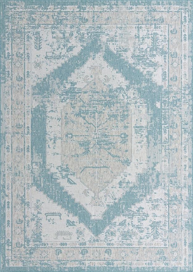Unique Loom Outdoor Traditional Collection Area Rug - Valeria (10' x 14' 1" Rectangle, Aqua/ Ivory)