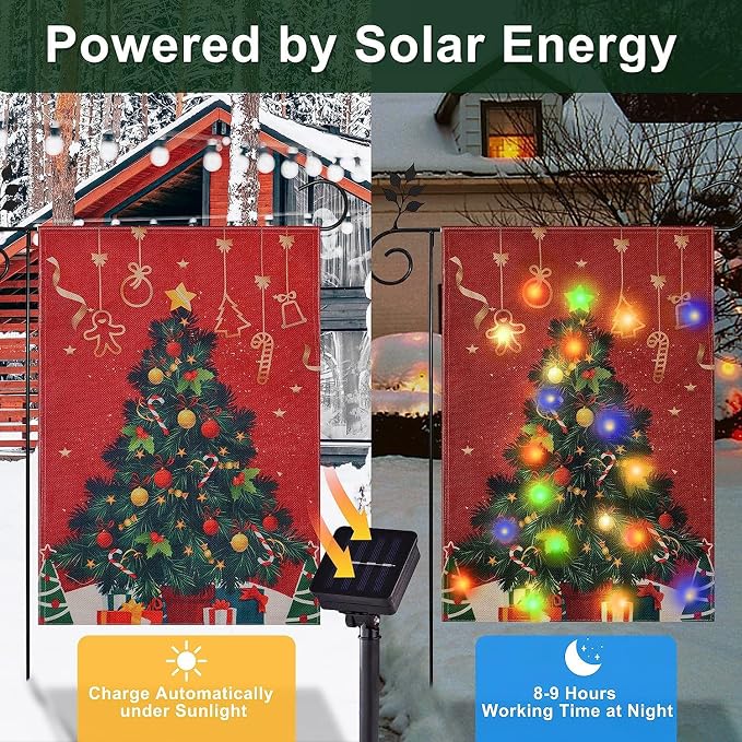 Lighted Christmas Garden Flag for Outside, Solar LED Xmas Tree Flag Decoration, 12x18 Double Sided Outdoor Yard Lawn Decor