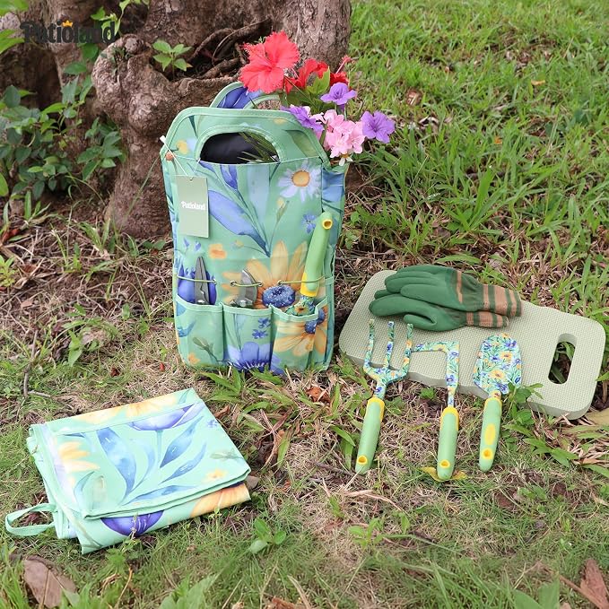 10-Piece Green Garden Tool Set, Patioland Floral Aluminum Gardening Hand Tools W/Ergonomic Handles, Kneeling Pad, Apron, Gloves, Organizer Tote Bag,Complete Garden Supplies Starter Kit Gift for Women