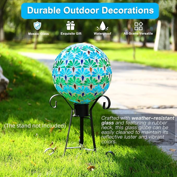 SAVENNA Mosaic Garden Gazing Ball 10 Inch, Glass Decorative Sphere for Indoor & Outdoor Garden, Patio, Home & Yard, Blue & Green Leaf Pattern
