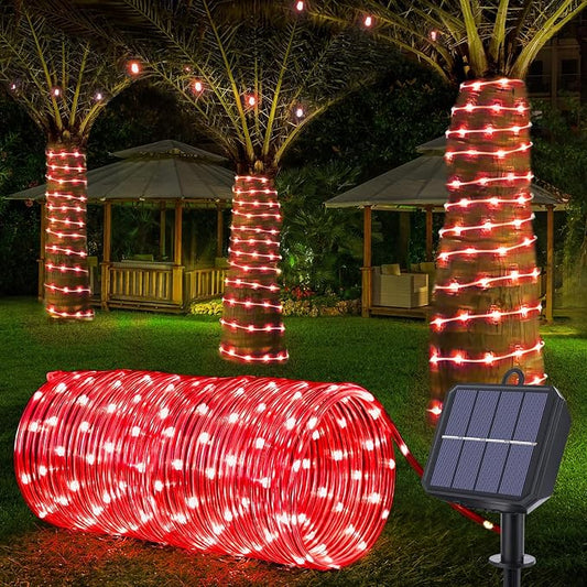 Jnaurb Solar Rope Lights, 33ft 100LED Solar String Lights, 8 Modes Waterproof Solar Outdoor Light, Flexible Clear Trampoline Light for Garden Backyard Patio Deck Porch, Pool Tree Decoration - Red