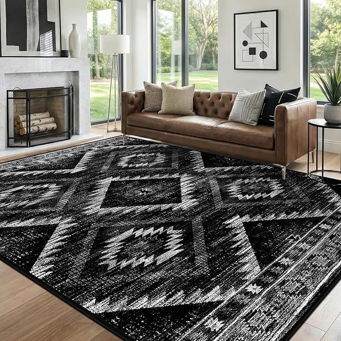 6'x9' Washable Area Rug for Living Room Bedroom Black | Soft Western No Slip Low Pile Print Foldable Indoor for Kitchen Dining Room