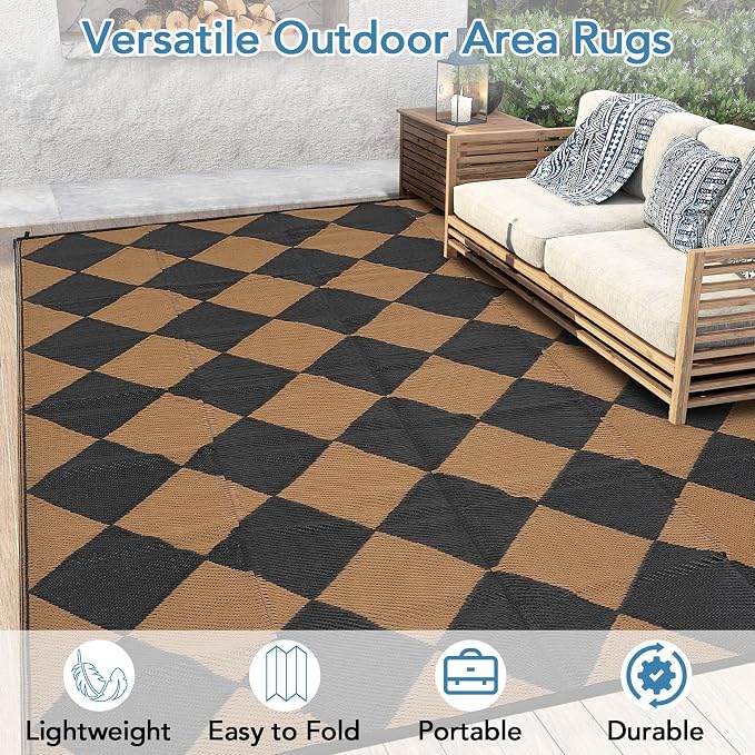 Garvee 8x10 Outdoor Rug Waterproof Plastic Straw Rug Outdoor Patio Rugs Reversible Mat Easy Clean Foldable Lightweight Large Area Rugs for Patio Porch Backyard Camping RV Beach Balcony Checkered Brown