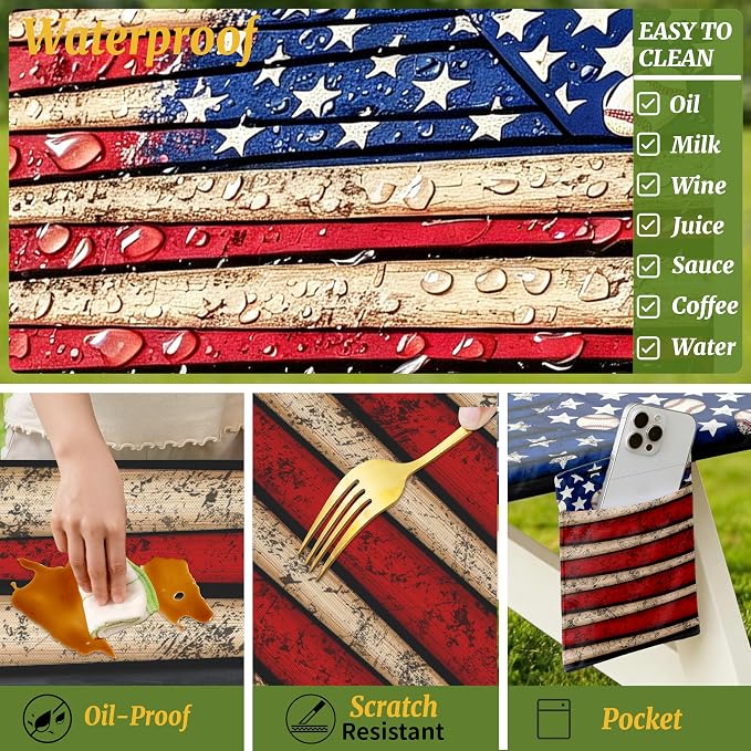 Picnic Table Cover with Bench Covers Elastic,Fitted Table cloths for Rectangle Tables 6 Foot Washable,Waterproof Tablecloth for Outdoor Camping Essentials Accessories(6 Foot,American Baseball)