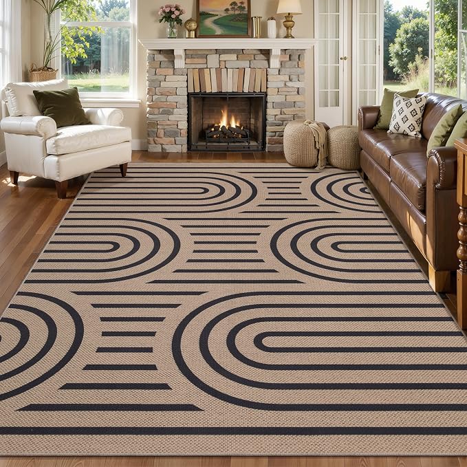 Tangsoo Modern Easy Jute Rug 5x7 Large Washable Area Rugs for Dining Room Table,Non-Slip Thin Indoor Outdoor Rug,Farmhouse Natural Rainbow Throw Mat for Living Room Backyard Patio Office Home Decor