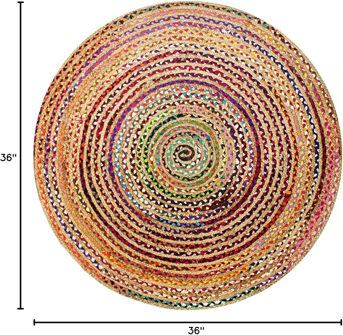 COTTON CRAFT Jute Chindi Braid Rag Rug - 3 Feet Round Multi Color Area Rug | Handwoven Reversible Jute & Natural Recycled Cotton Boho Farmhouse Rustic Area Accent Rug - Living Room Carpet Home Décor