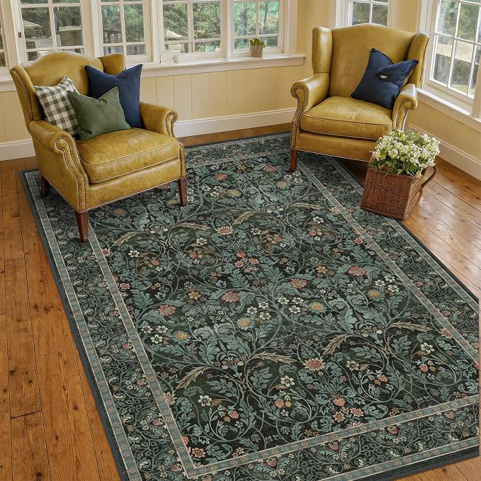 Floral 4x6 Boho Rugs for Living Room, Dark Green Washable Kitchen Floor Mats, Large Indoor Entryway Rug, Home Office Décor, Low Pile Funky Bedroom Carpet