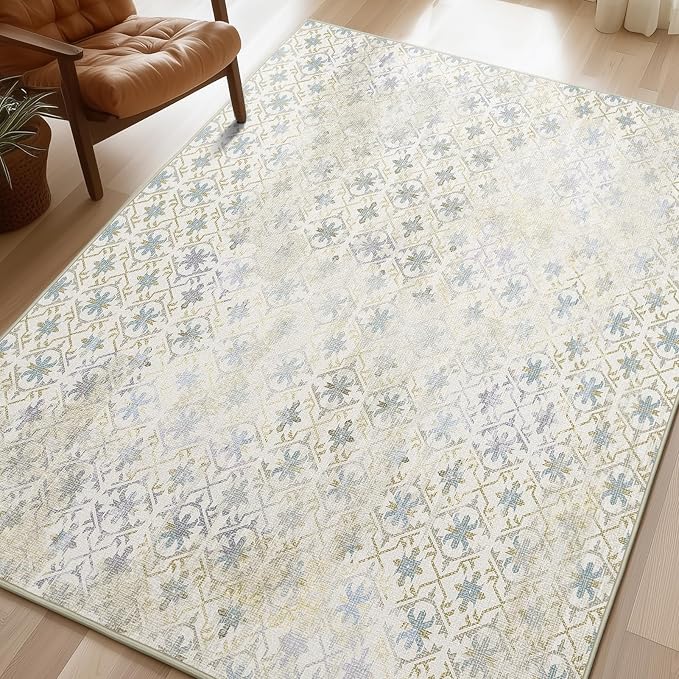 Phantoscope Geometry Collection Area Rug 5'x7' for Living Room - Washable Rug Large Boho Carpet Non-Slip for Bedroom Dining Room, Indoor Low-Pile Neutral Distressed Accent Rug, Teal Floral/Beige