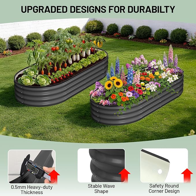 Garvee Galvanized Raised Garden Bed, 2Pcs Raised Garden Beds Outdoor, Oval Planter Raised Beds with Gloves and Rubber Edge Trim for Vegetables, Flowers and Herbs, 4x2x1 FT, Dark Grey