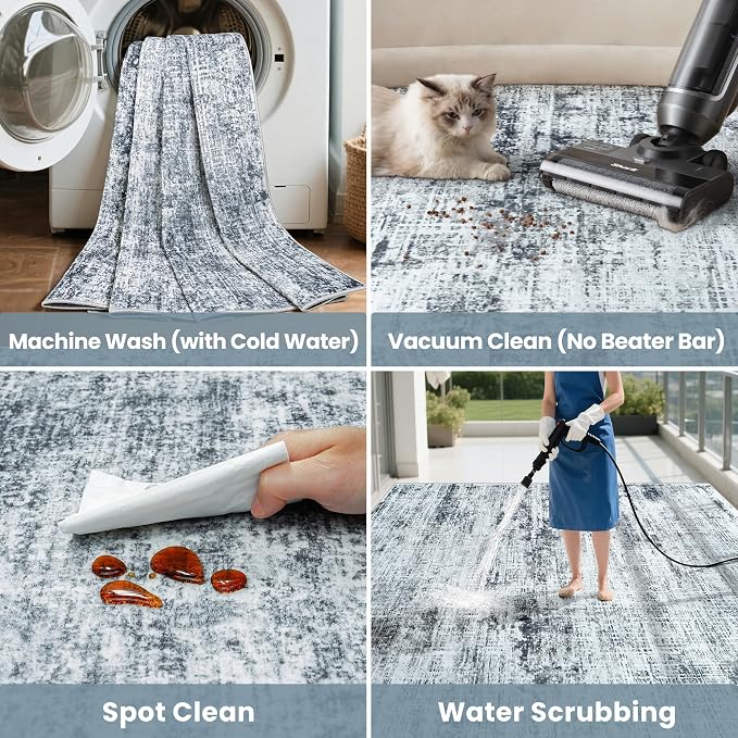 6x9 Washable Area Rug for Living Room Bedroom: Non-Slip Modern Black Grey | Machine Washable TPR Backing, Stain-Resistant Low Pile, Pet & Kid Friendly, Abstract Decor for Dining Room, Dorm, Home Office