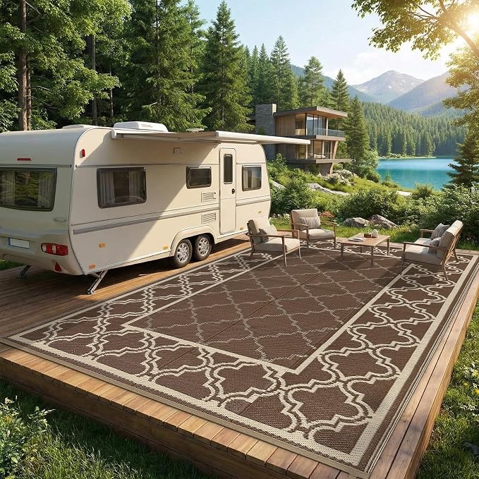 Garvee Reversible Outdoor Rug 6x9, Waterproof Outdoor Plastic Straw Rug with Interlacing Pattern, RV Mat for Picnics, Patio, Camping, Balcony, Deck, Backyard, Porch, Brown