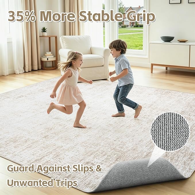 Washable 5x7 Abstract Beige Area Rugs for Living Room | Large Modern Neutral Rugs Soft Non Slip Stain Resistant Low Pile Carpet Dining Room Bedroom Indoor Nursery Home Office