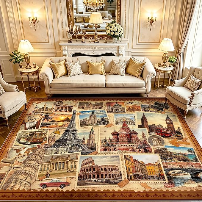 Vintage World Landmark Stamp Collage Area Rug, 5x7ft Retro European Travel City Print Washable TPE Backing Non-Slip Rug, Travel Themed Decor Floor Mat for Living Room Bedroom Office Home Decor