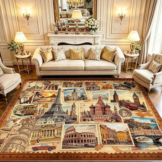 Vintage World Landmark Stamp Collage Area Rug, 5x7ft Retro European Travel City Print Washable TPE Backing Non-Slip Rug, Travel Themed Decor Floor Mat for Living Room Bedroom Office Home Decor