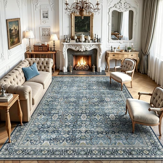6x9 Area Rugs - Washable Vintage Retro Living Room Rug, Soft Ultra Thin Non Slip Low Pile Traditional Distressed Boho Carpet for Bedroom Dining Room Nursery Home Office, Blue