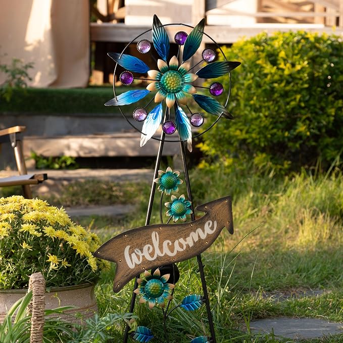 TERESA'S COLLECTIONS Garden Decor Solar Stake, Wind Spinner for Outdoor Decorations, Metal Windmill Blue Floral Yard Art Sign Decorative Garden Stake for Lawn Ornaments, Gifts for Mom, 26''