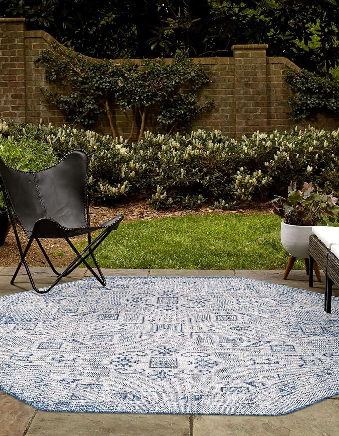 Unique Loom Outdoor Aztec Collection Area Rug - Coba (5' 3" Octagon, Blue/ Ivory)