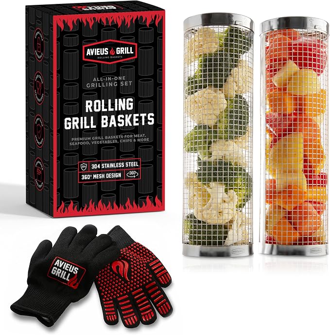 AVIEUS GRILL Rolling Grill Basket | Rolling Grilling Baskets for Outdoor Grilling 2 Pcs | Barbecue Grill Set with BBQ Gloves | Portable Camping Net Rack Perfect for Vegetables, Seafood & Meat