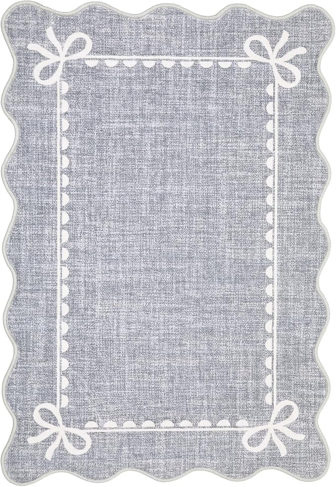 GarveeHome Scalloped Entryway Rug 2x3 Washable Front Door Bow Rug, Grey | Non Slip Soft Low Pile Ultra-Thin Stain Resistant Indoor Carpet for Girls Dorm Nursery Bedroom Decor Hallway Kitchen Floor