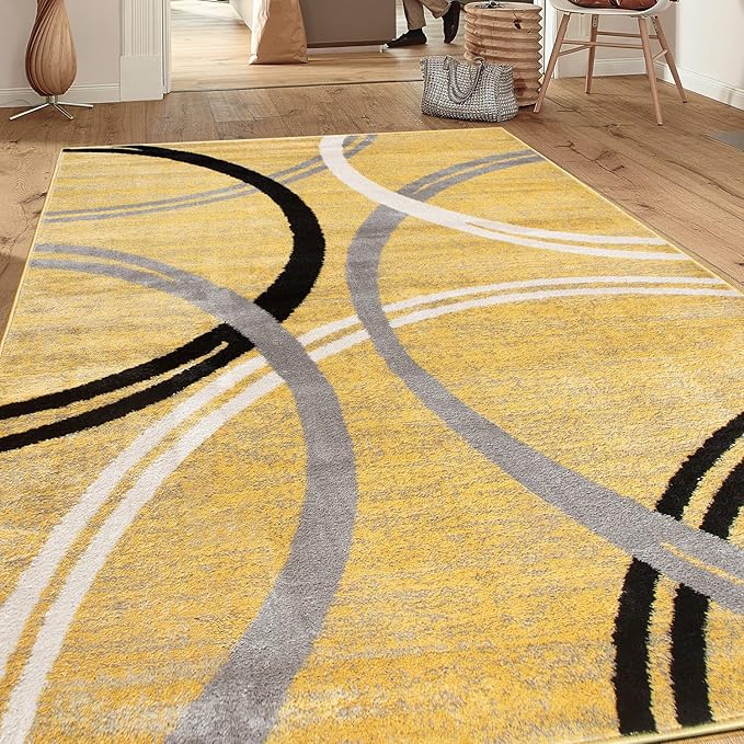 Rugshop Wavy Circles Non-Shedding Living Room Area Rug Yellow 6'6" x 9' | Rectangular, Size 6'6" x 9', Bedroom, Dining Room, Home Office, Kitchen, Entryway, Hallway, Nursery, Kids Room, Guest Room