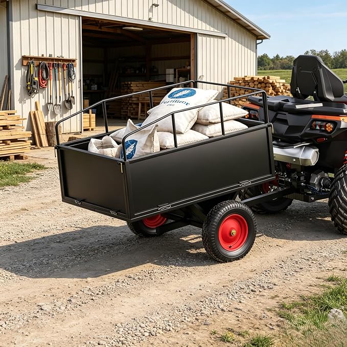 17 Cu.Ft 750Lbs Steel ATV UTV Trailer, Tow Behind Dump Cart, Heavy Duty Pull Behind Removable Sides, Pull Behind Utility Dump Trailer for, Garden, Lawn Mower Tractor