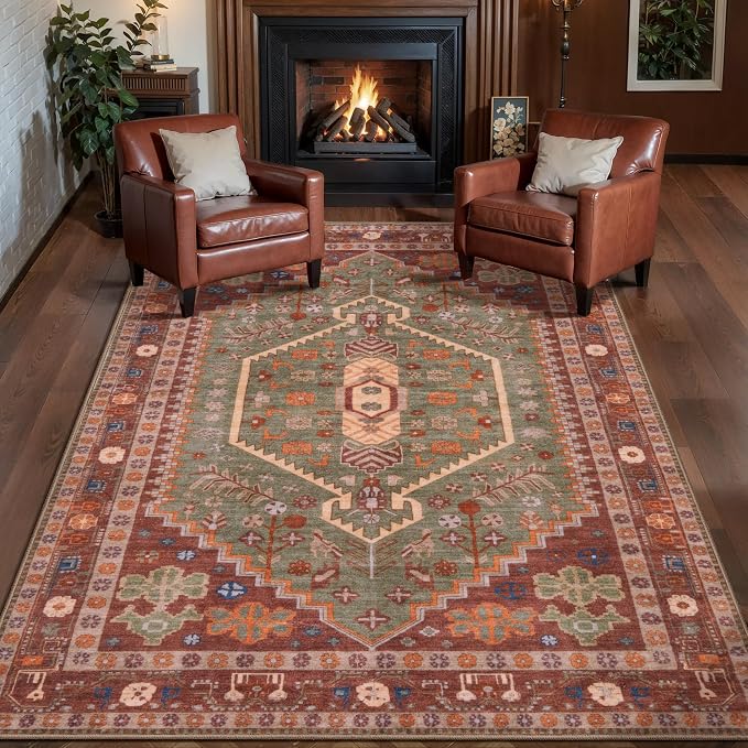 Ciicool Washable 3x5 Area Rug,Boho Non-Slip Indoor Mat for Entryway Kitchen | Oriental Low-Pile Soft Vintage Boho Indoor Entry Carpet for Bedroom Bedside Living Room Laundry Dining Room
