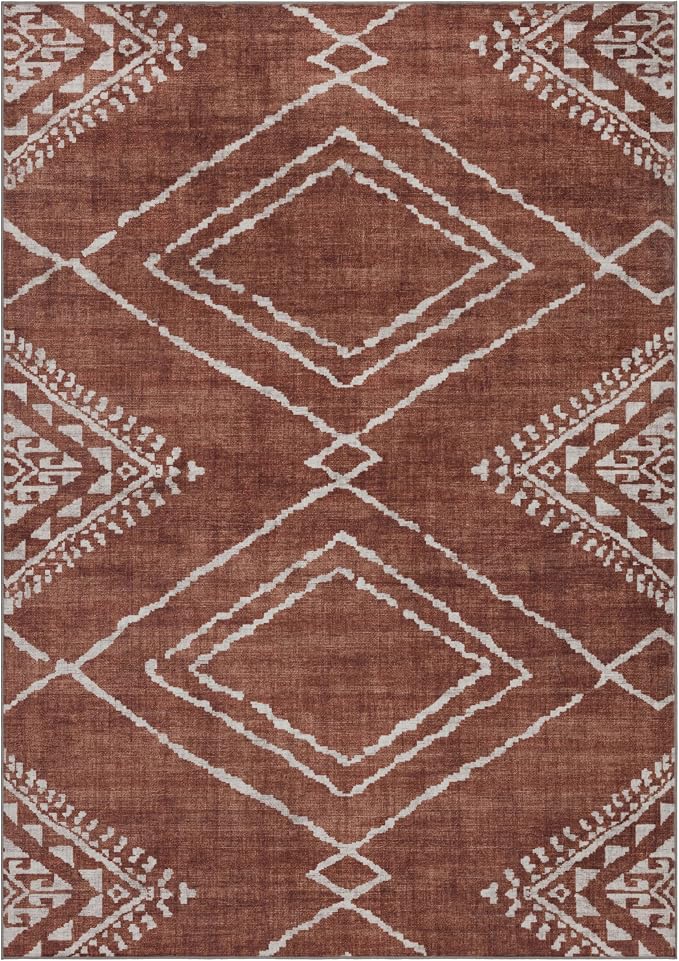 Machine Washable Area Rug - Living Room Bedroom Bathroom Kitchen Entryway Office - Padded Crease Free Stain Resistant Premium - Moroccan Tribal Diamond - Jax- Orange - 2'x 3'