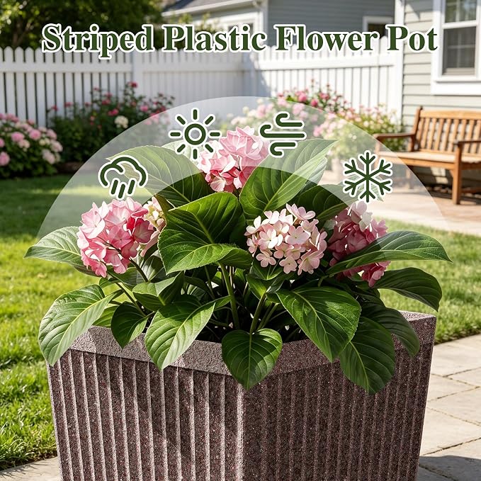 Taper Tall Planters for Outdoor Plants Set of 2, 24 Inch Faux Stone Large Outdoor Planters for Porch with Drainage Tray Saucers & Holes, Fluted Tall Indoor Flower Pots for Patio Balcony, Brown