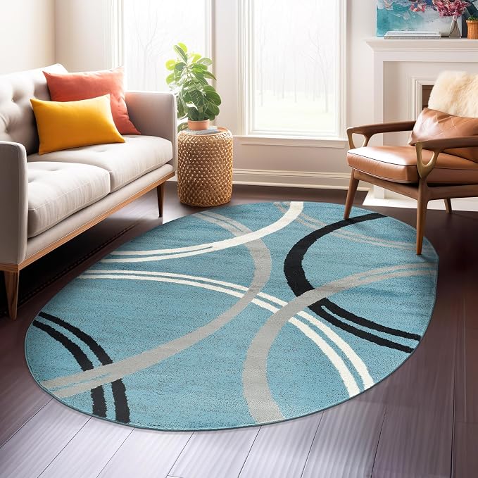 Rugshop Wavy Circles Modern Non-Shedding Living Room Oval Rug Blue 5' x 7' | Oval, Size 5' x 7', Bedroom, Dining Room, Home Office, Kitchen, Entryway, Hallway, Nursery, Kids Room, Guest Room