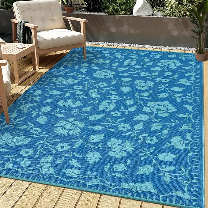 Garvee 5x8 Outdoor Patio Rug, Floral Waterproof Outdoor Rug for Camping with Portable Bag, Vintage Plastic Straw RV Rugs for Outside, Reversible Mats for Picnic Backyard Porch Balcony, Dark Blue