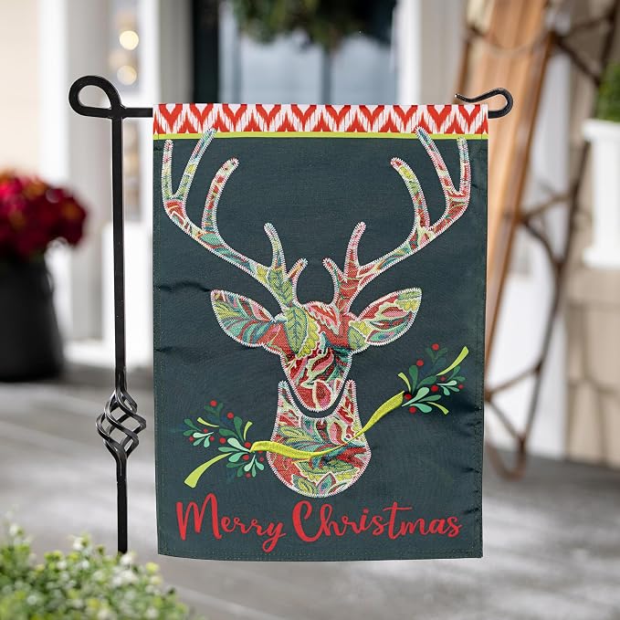 Evergreen Patterned Reindeer Garden Flags 12"x18" Double Sided, Welcome Flags for Outside, Winter Yard Flags, Christmas Decorations for Home, Porch, Yard