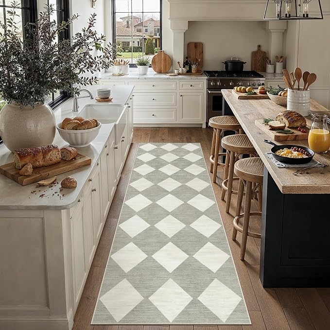 Grey 3x8 Washable Runner Rug Kitchen Non Slip Checkered Carpet | Soft, Low Pile, Easy Clean, Diamond Pattern for Hallway, Entryway, Laundry Room, Bathroom, Modern Indoor Decor