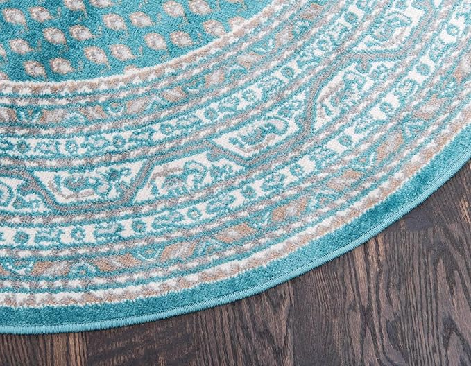 Unique Loom Williamsburg Collection Traditional Border with Dotted Center Area Rug, Round 3' 7" x 3' 7", Teal/Beige