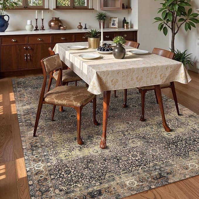 Washable Area Rug 8' x 10' Vintage Traditional Persian Mat - Foldable Distressed Non-Slip Machine Washable Carpet for Living Room Bedroom Kitchen Home Decor - Umber and Slate