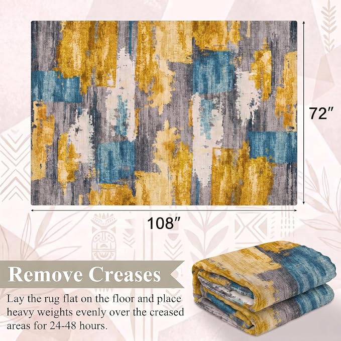 6x9 Blue and Gold Abstract Brushstroke Area Rug for Living Room | Soft Low-Pile Machine-Washable Rug with Non-Slip Backing for Bedrooms, Dining Rooms and Home Offices, Designed for Easy Care