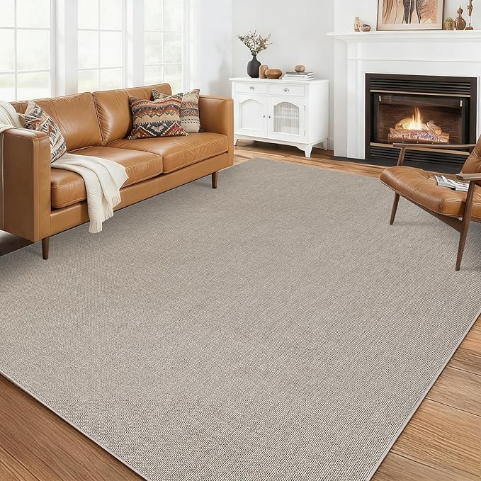 Garvee Large Area Rug 10x13 Modern Solid Washable Rug Non Slip Taupe | Woven Textured, Ultra-Thin Neutral Minimalist Non-Shedding Floor Cover Indoor Foldable Mat for Living Room Bedroom Office